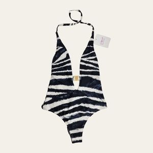 L'Agent By Agent Provocateur Tayler Zebra Print One Piece Halter Swimsuit NWT